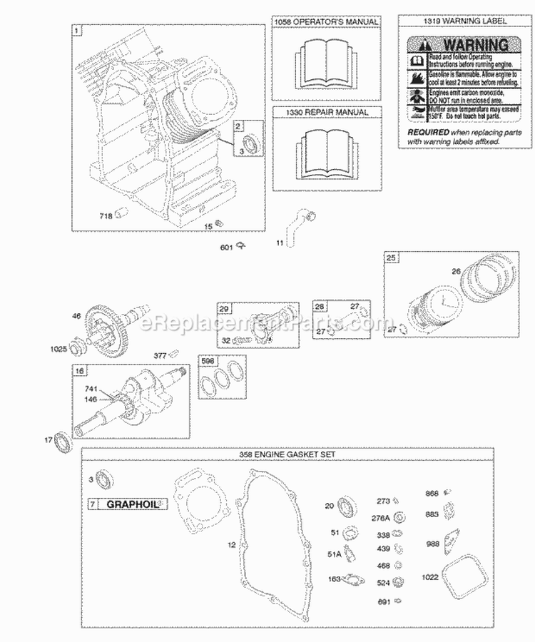 Camshaft Crankshaft Cylinder Cylinder Heads Gasket Set - Engine Piston Rings Connecting Rod Diagram and Parts List for 309447-0110-E1  Briggs and Stratton Engine